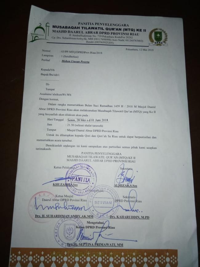 Mesjid Paripurna DPRD Riau Adakan MTQ Ke II