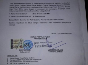 Beredar SK Dukungan Buat Syamsuar, Ini Kata Ketua DPW Nasdem Riau