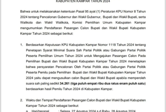 Pengumuman Pendaftaran Bakal Calon Bupati dan Wakil Bupati Kampar Pilkada 2024
